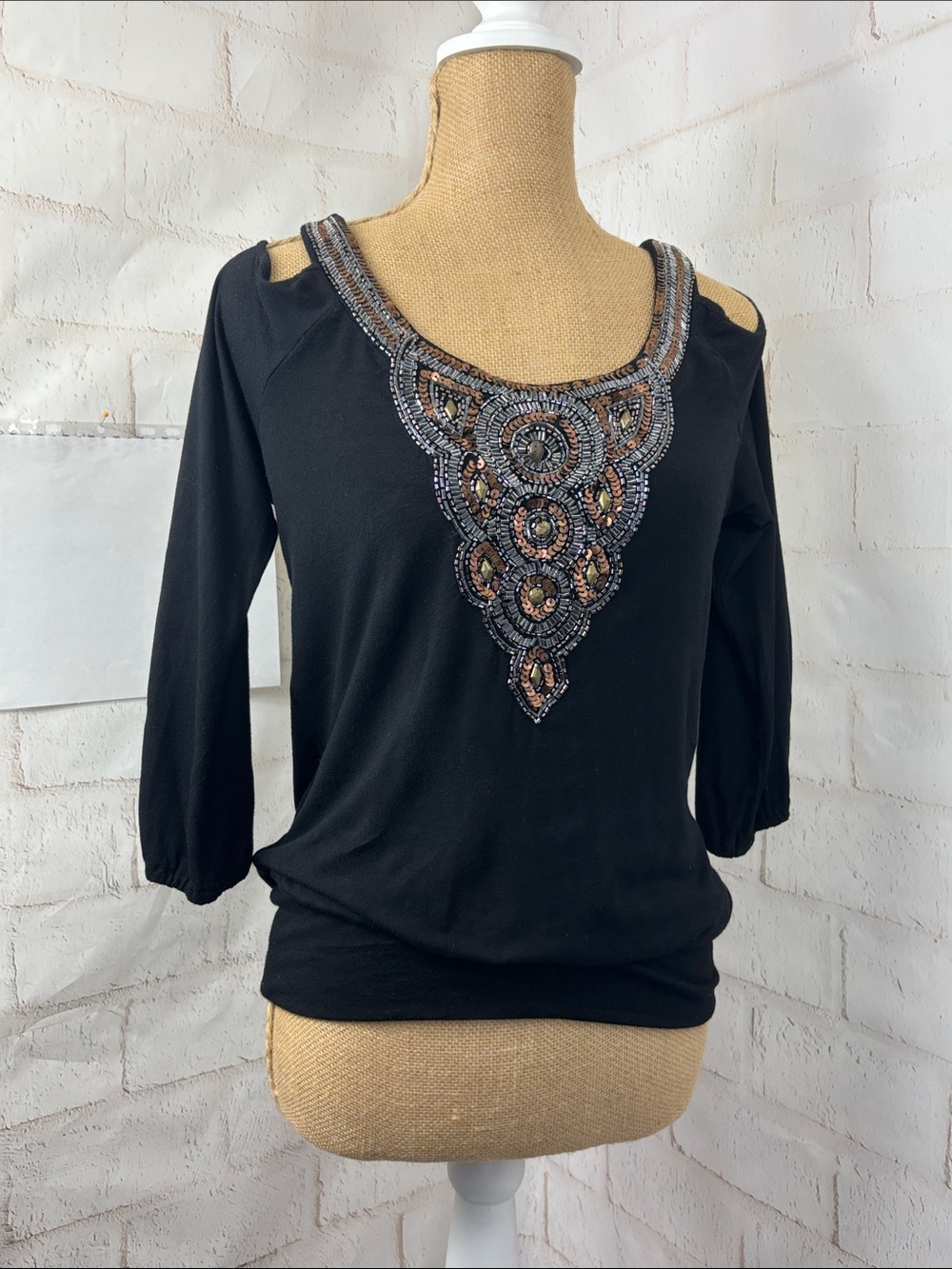 ⬇️ Cache Black Cold-Shoulder Top with Beaded Yoke